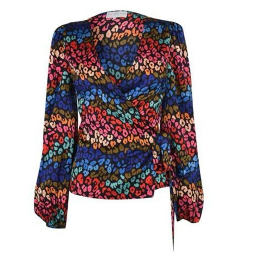 Never Fully Dressed Multicolor Animal Print Wrap Blouse